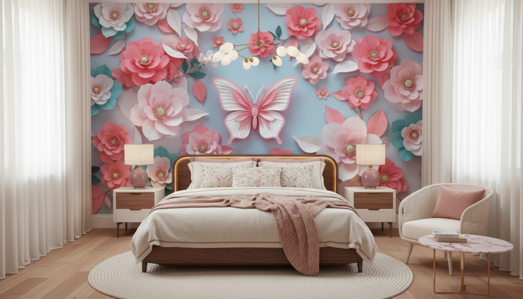 Papier peint romantique papillons et fleurs papier découpe rose - Chambre adulte