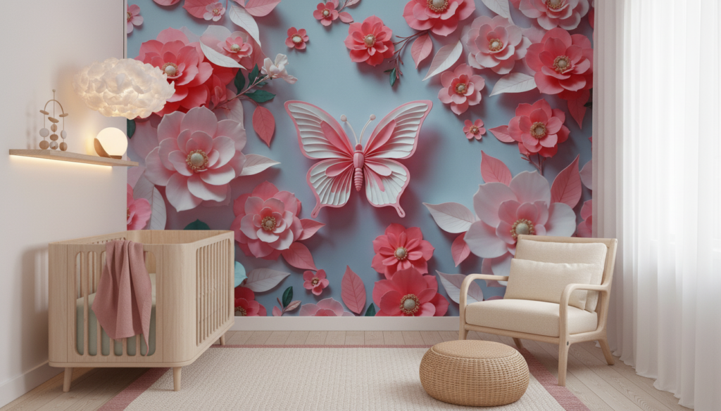 Papier peint romantique papillons et fleurs papier découpe rose - Chambre bébé