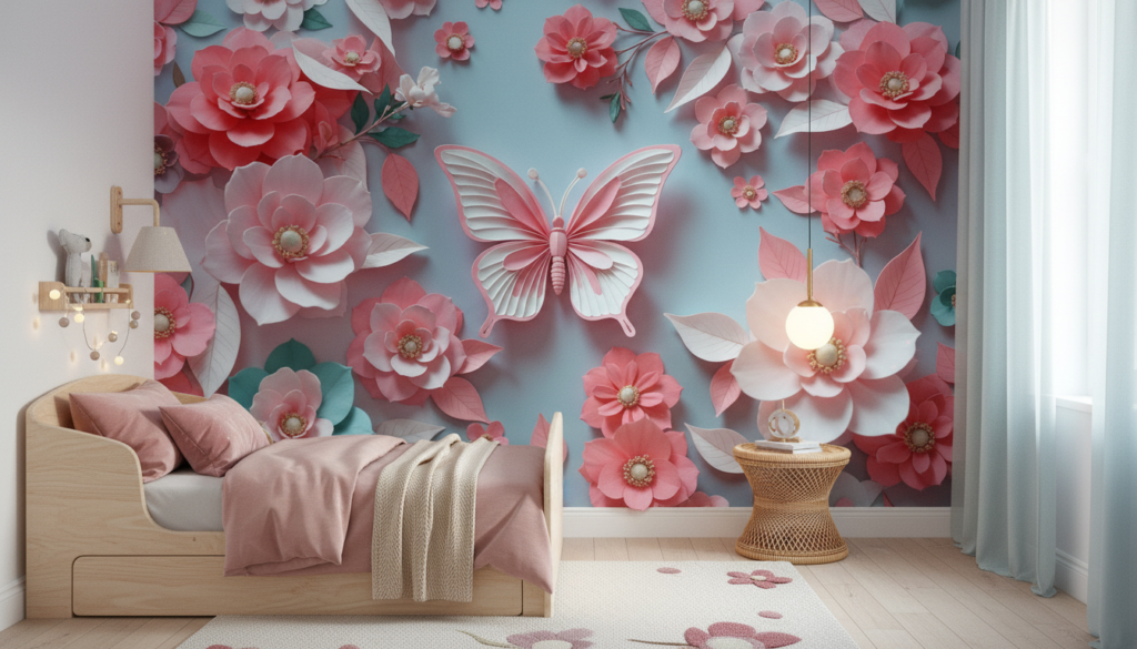 Papier peint romantique papillons et fleurs papier découpe rose - Chambre enfant