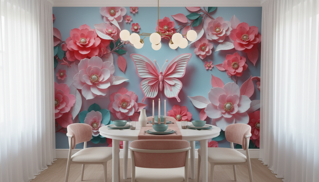 Papier peint romantique papillons et fleurs papier découpe rose - Salle à manger