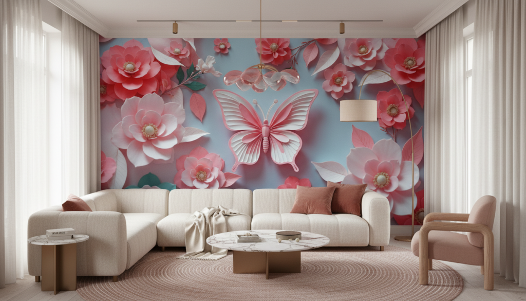 Papier peint romantique papillons et fleurs papier découpe rose - Salon / Séjour