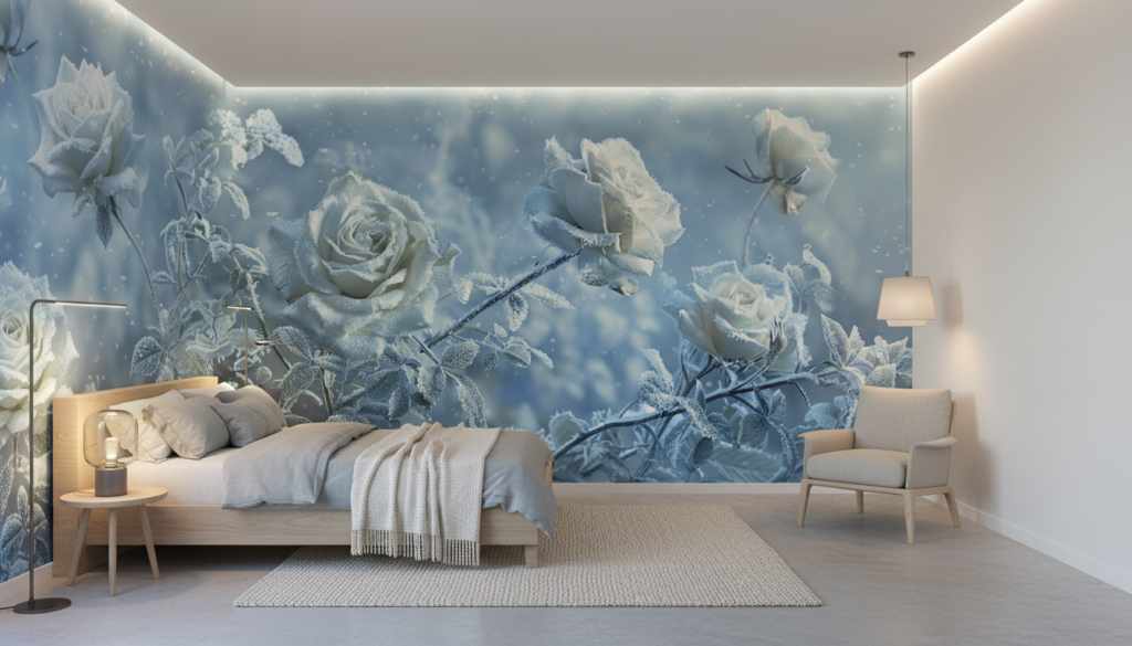 Papier Peint Roses Blanches Givrées Effet Neige Hiver Romantique - Chambre ado