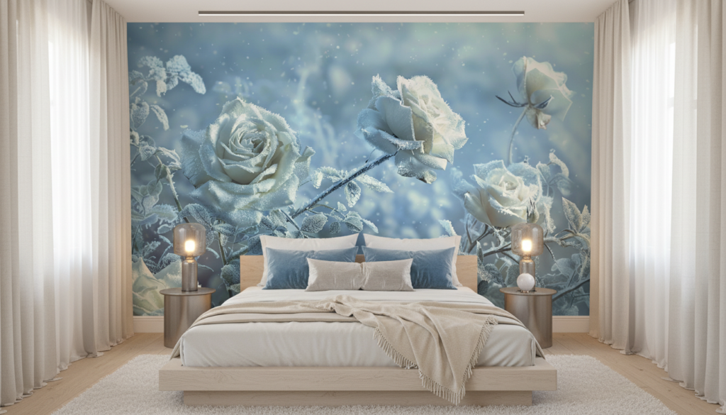 Papier Peint Roses Blanches Givrées Effet Neige Hiver Romantique - Chambre adulte