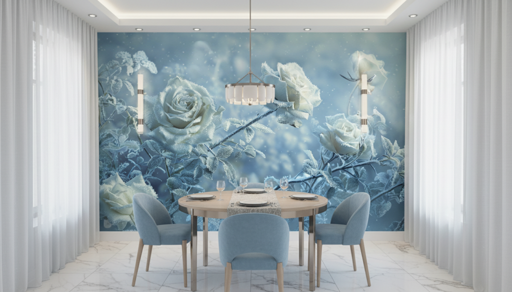 Papier Peint Roses Blanches Givrées Effet Neige Hiver Romantique - Salle à manger