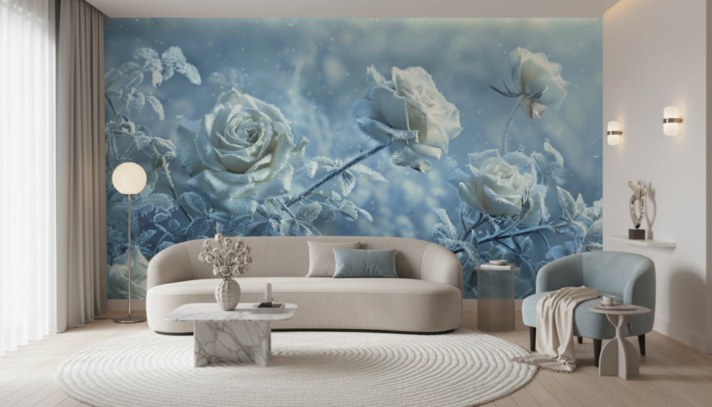 Papier Peint Roses Blanches Givrées Effet Neige Hiver Romantique - Salon / Séjour