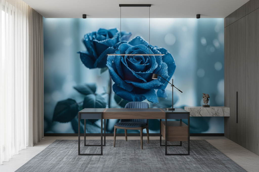 Papier peint roses bleues avec gouttelettes d'eau effet romantique - Bureau