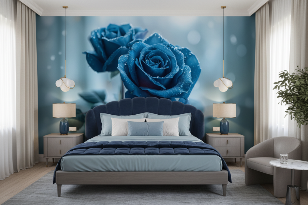 Papier peint roses bleues avec gouttelettes d'eau effet romantique - Chambre adulte