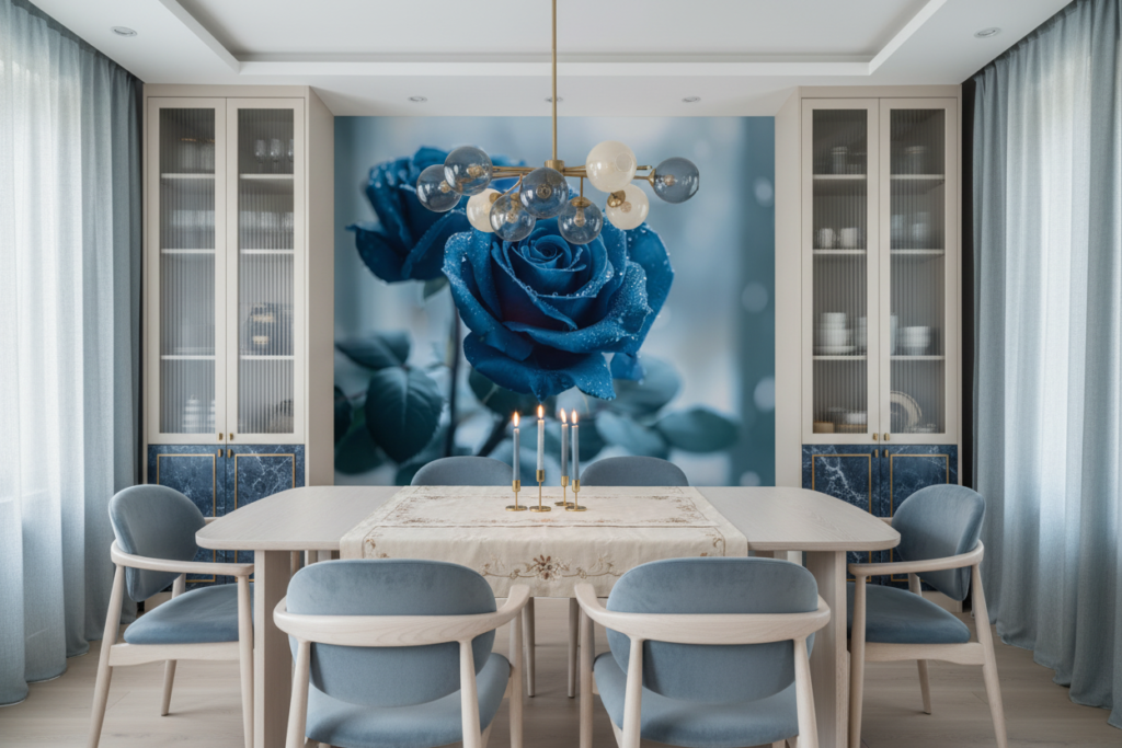 Papier peint roses bleues avec gouttelettes d'eau effet romantique - Salle à manger