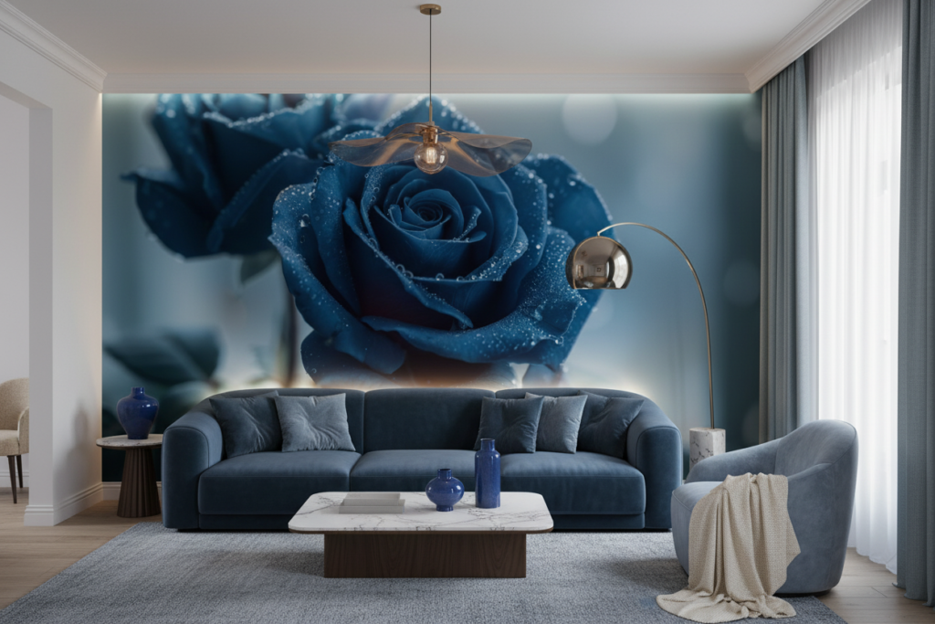 Papier peint roses bleues avec gouttelettes d'eau effet romantique - Salon / Séjour