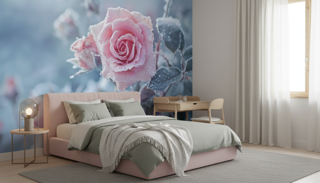 Papier peint roses givrées romantiques ambiance hivernale douce - Chambre ado