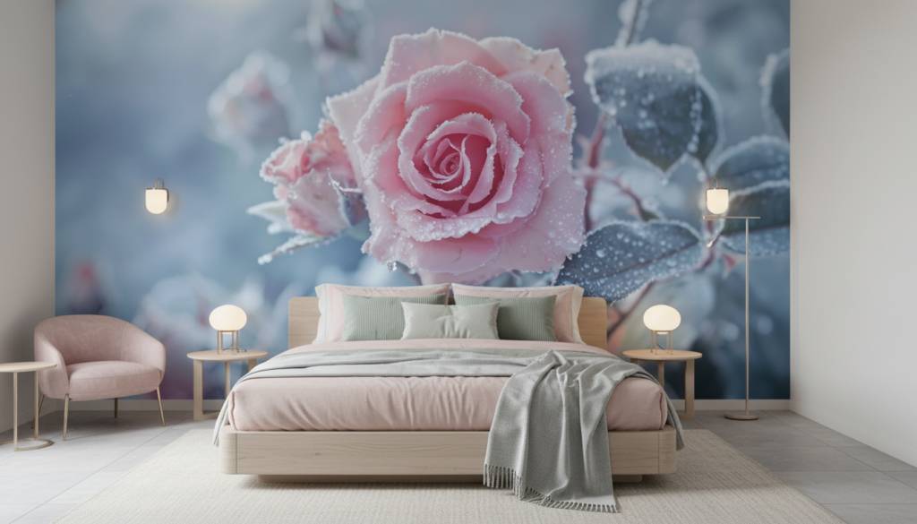 Papier peint roses givrées romantiques ambiance hivernale douce - Chambre adulte