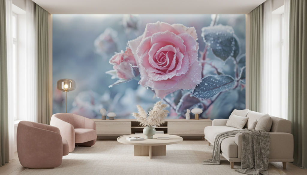 Papier peint roses givrées romantiques ambiance hivernale douce - Salon / Séjour