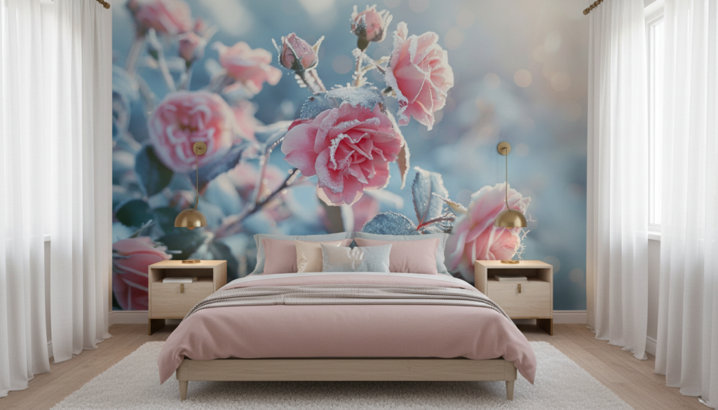Papier Peint Roses Givrées Romantiques aux Nuances Rose Pastel - Chambre adulte