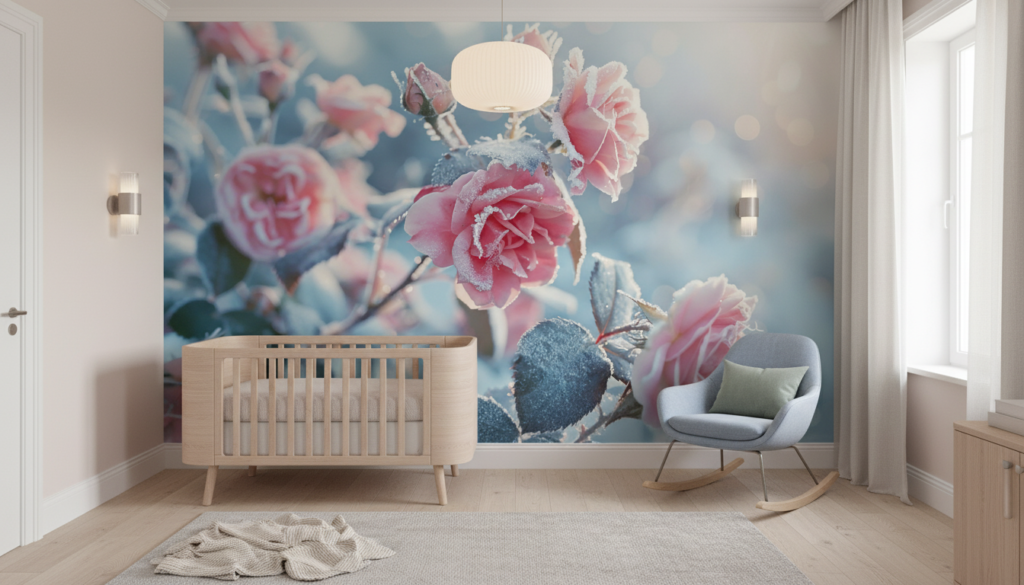Papier Peint Roses Givrées Romantiques aux Nuances Rose Pastel - Chambre bébé