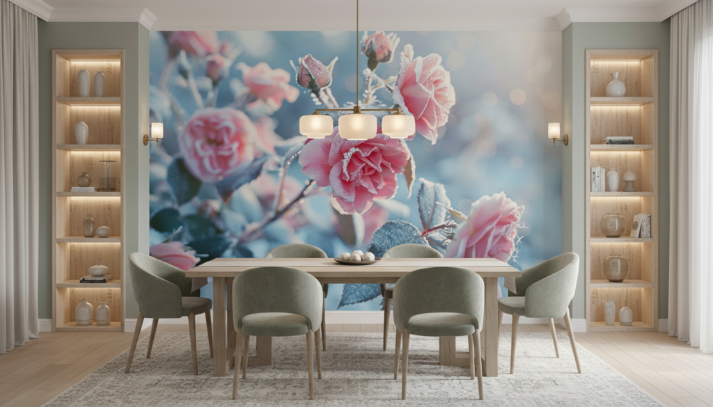 Papier Peint Roses Givrées Romantiques aux Nuances Rose Pastel - Salle à manger