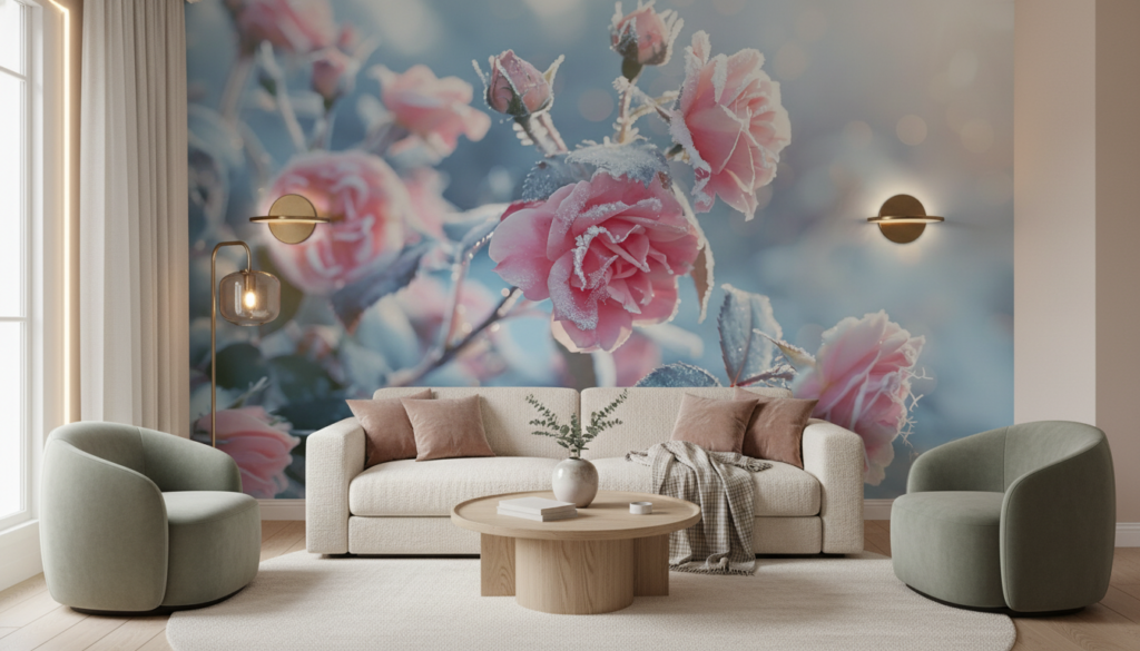 Papier Peint Roses Givrées Romantiques aux Nuances Rose Pastel - Salon / Séjour