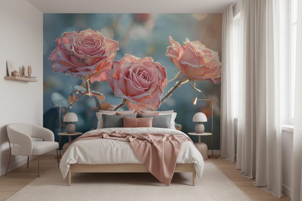 Papier Peint Roses Romantiques aux Teintes Corail et Rose Poudré - Chambre ado