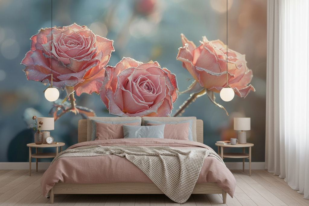 Papier Peint Roses Romantiques aux Teintes Corail et Rose Poudré - Chambre adulte