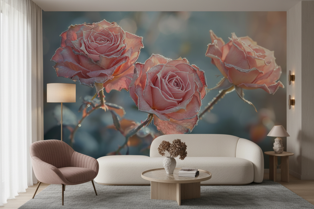 Papier Peint Roses Romantiques aux Teintes Corail et Rose Poudré - Salon / Séjour