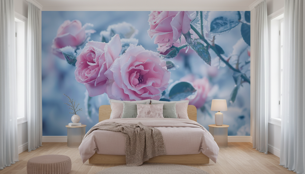 Papier Peint Roses Romantiques Givrées aux Tons Pastel Bleus - Chambre ado