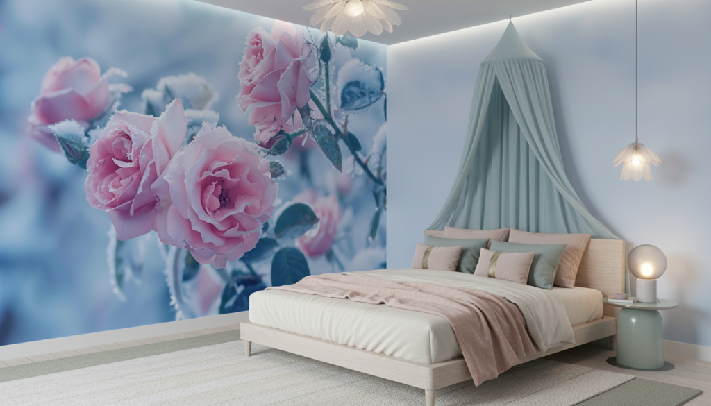 Papier Peint Roses Romantiques Givrées aux Tons Pastel Bleus - Chambre ado