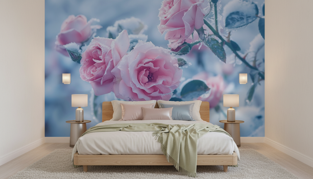 Papier Peint Roses Romantiques Givrées aux Tons Pastel Bleus - Chambre adulte