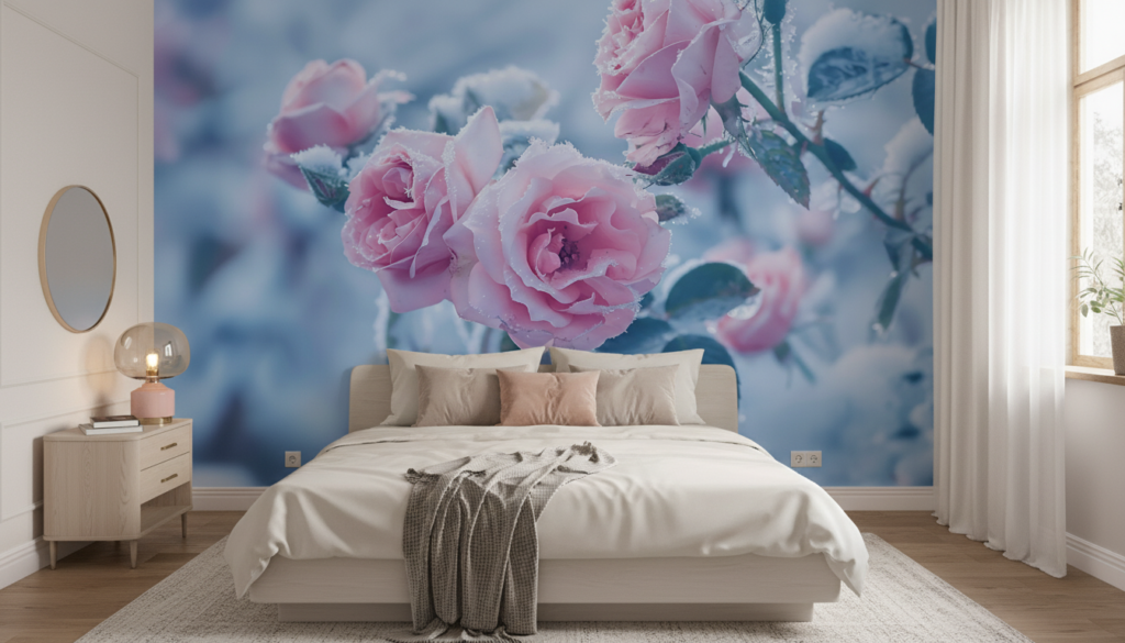 Papier Peint Roses Romantiques Givrées aux Tons Pastel Bleus - Chambre adulte