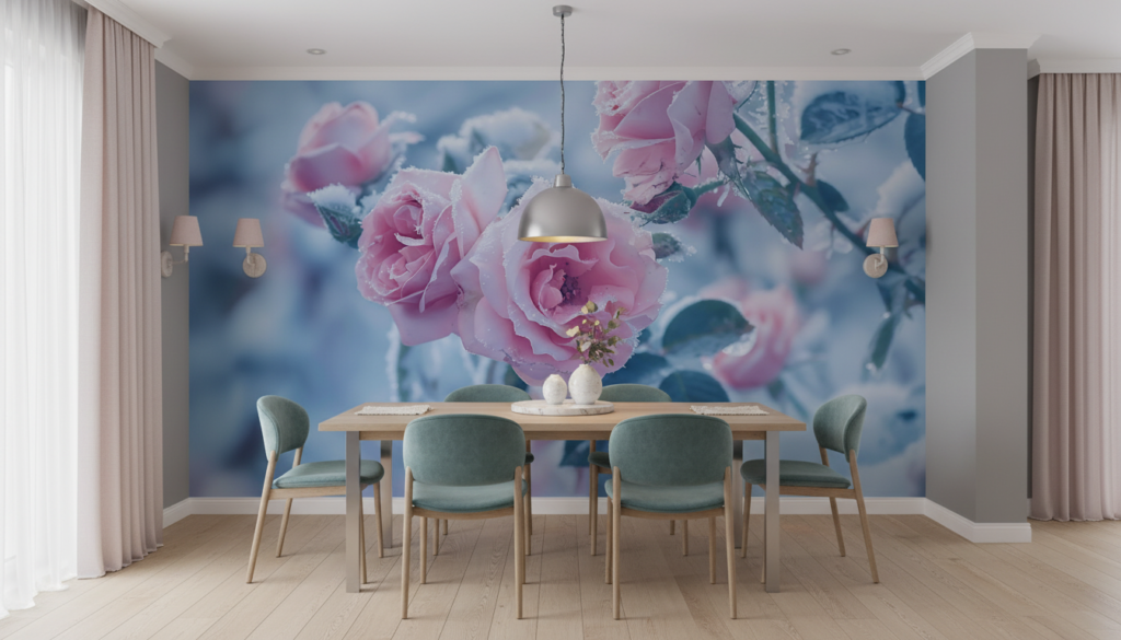 Papier Peint Roses Romantiques Givrées aux Tons Pastel Bleus - Salle à manger