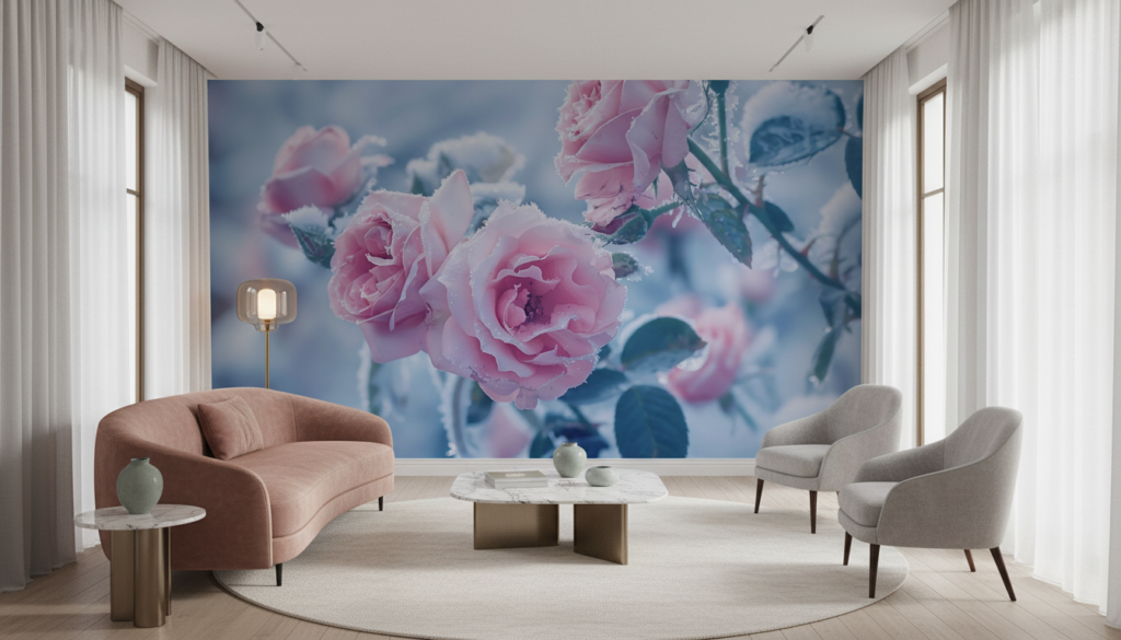 Papier Peint Roses Romantiques Givrées aux Tons Pastel Bleus - Salon / Séjour