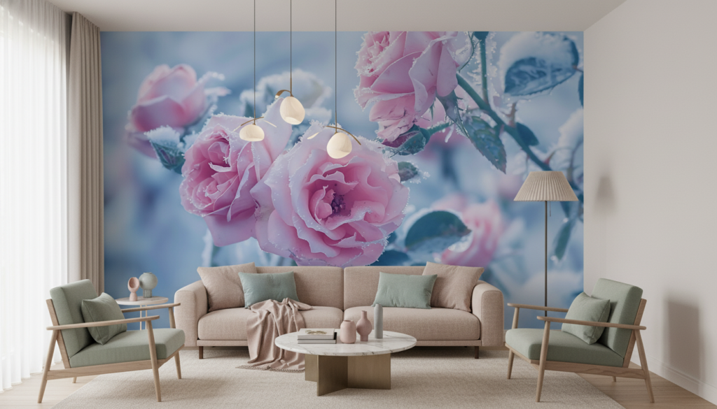 Papier Peint Roses Romantiques Givrées aux Tons Pastel Bleus - Salon / Séjour