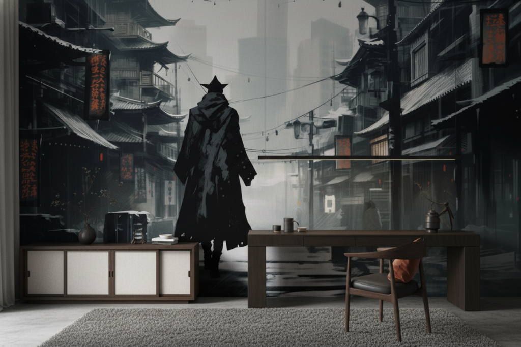 Papier Peint Samouraï dans Rue Traditionnelle Japonaise Enneigée - Bureau