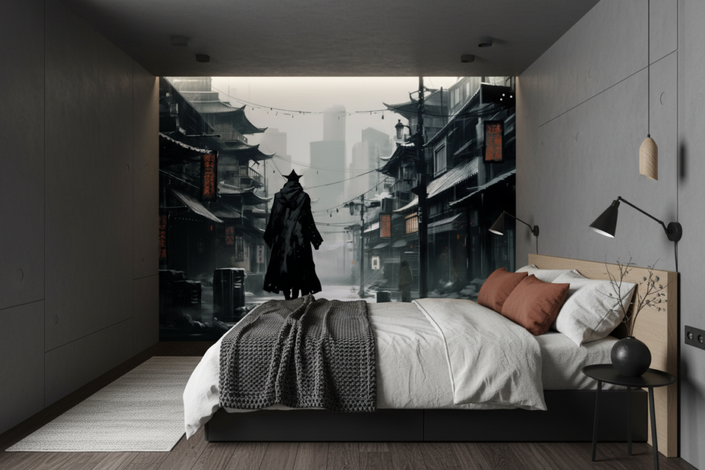 Papier Peint Samouraï dans Rue Traditionnelle Japonaise Enneigée - Chambre adulte