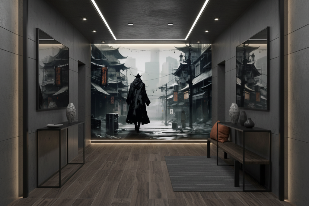 Papier Peint Samouraï dans Rue Traditionnelle Japonaise Enneigée - Couloir