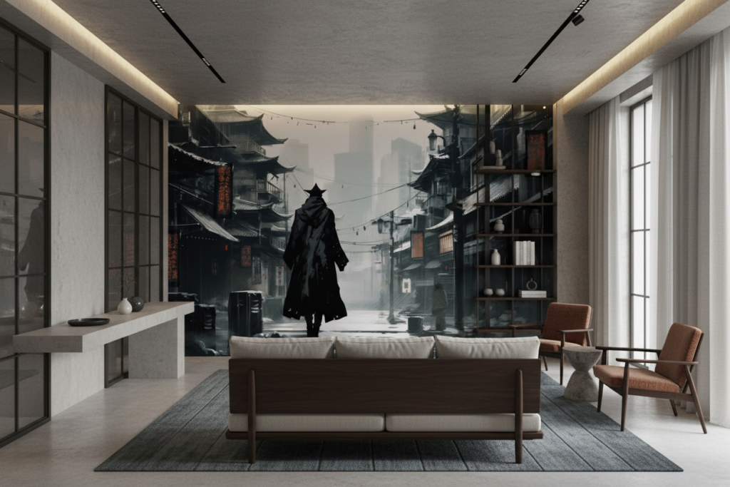 Papier Peint Samouraï dans Rue Traditionnelle Japonaise Enneigée - Salon / Séjour