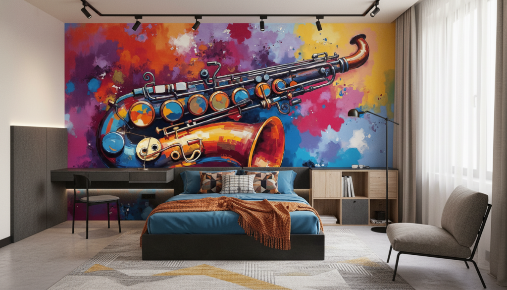 Papier Peint Saxophone Coloré Style Jazz Moderne Artistique - Chambre ado