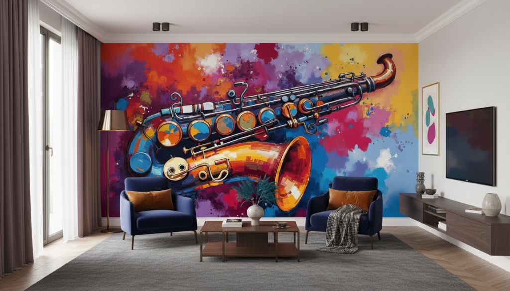 Papier Peint Saxophone Coloré Style Jazz Moderne Artistique - Salon / Séjour