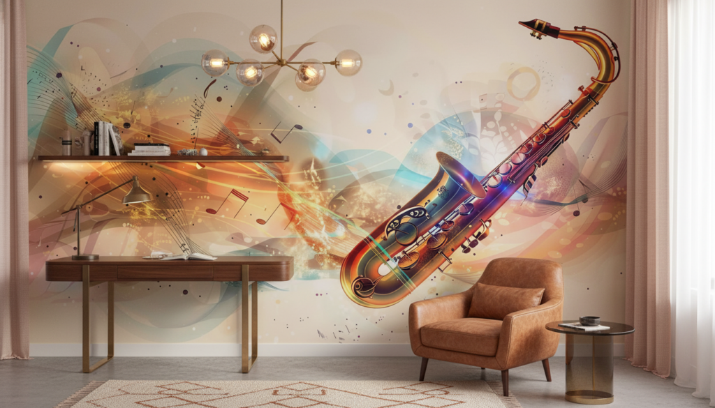 Papier Peint Saxophone Jazz Abstrait Notes Musicales Multicolore - Bureau