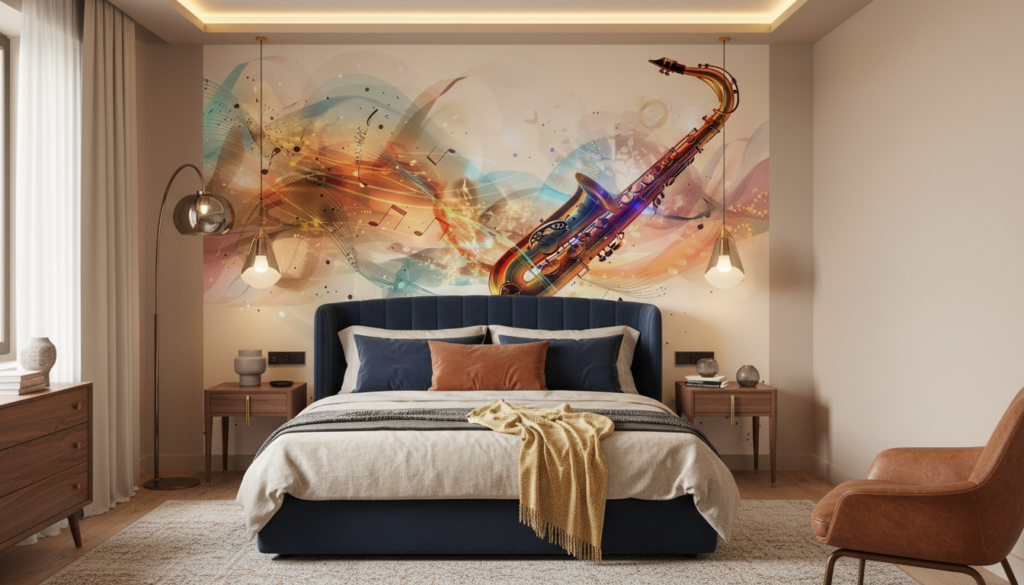 Papier Peint Saxophone Jazz Abstrait Notes Musicales Multicolore - Chambre adulte