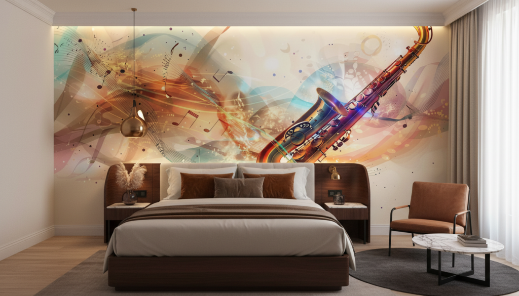 Papier Peint Saxophone Jazz Abstrait Notes Musicales Multicolore - Hôtel