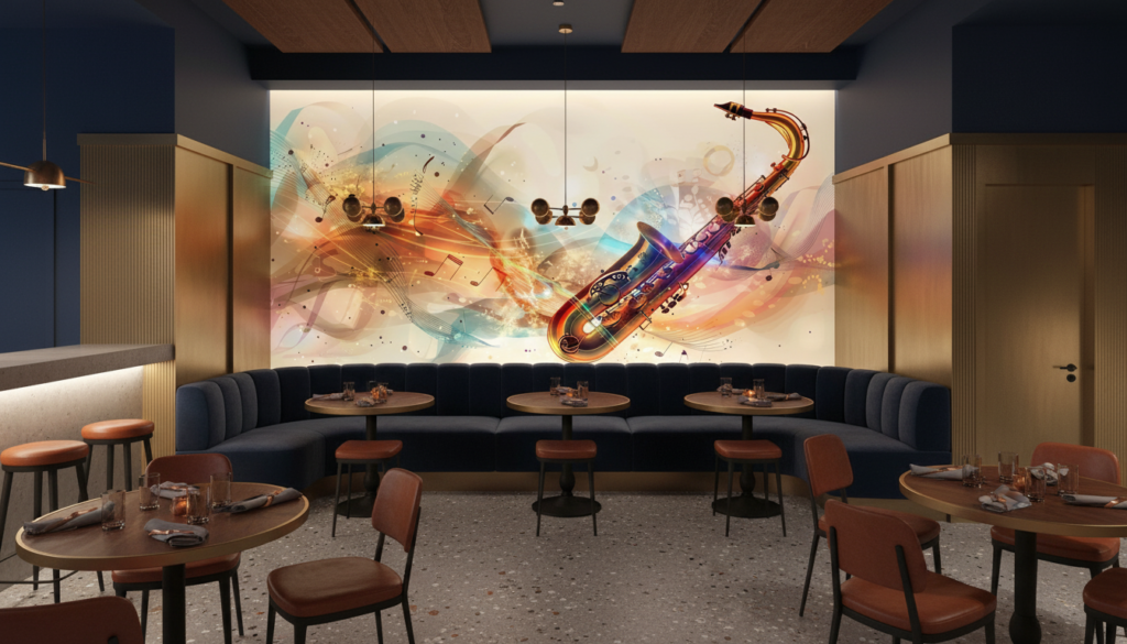 Papier Peint Saxophone Jazz Abstrait Notes Musicales Multicolore - Restaurant