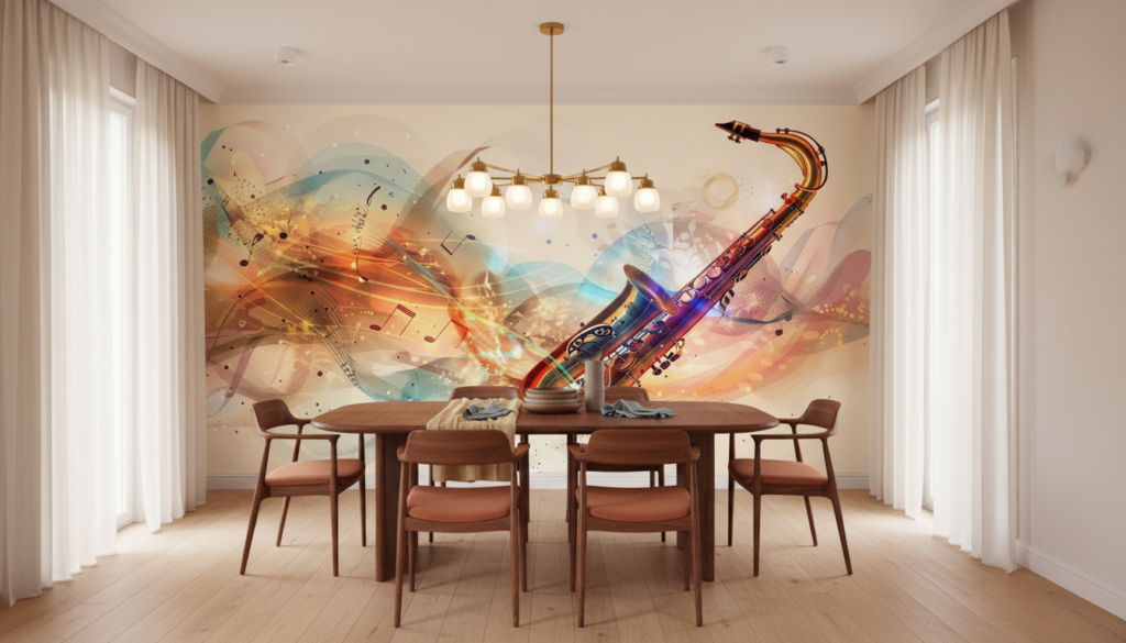 Papier Peint Saxophone Jazz Abstrait Notes Musicales Multicolore - Salle à manger