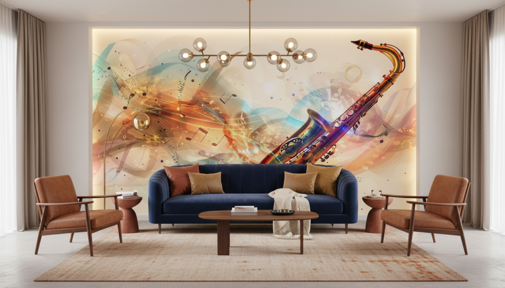 Papier Peint Saxophone Jazz Abstrait Notes Musicales Multicolore - Salon / Séjour