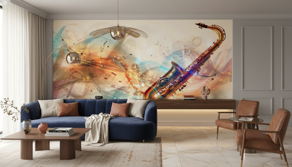 Papier Peint Saxophone Jazz Abstrait Notes Musicales Multicolore - Salon / Séjour