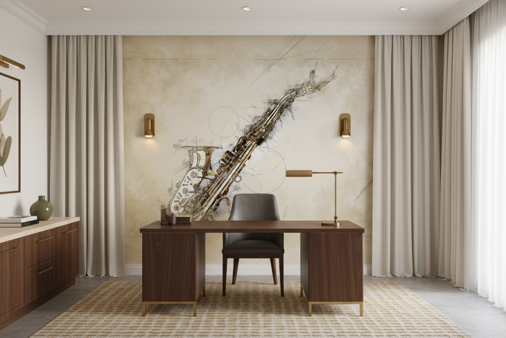 Papier Peint Saxophone Vintage Esquisse Musicale Beige - Bureau