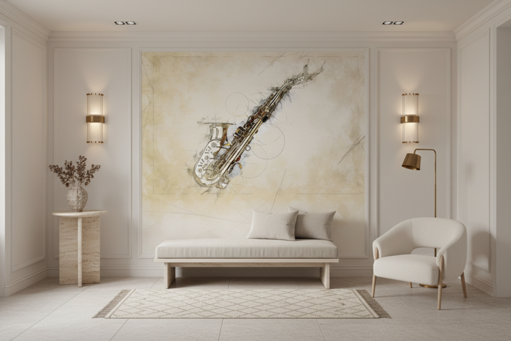 Papier Peint Saxophone Vintage Esquisse Musicale Beige - Entrée