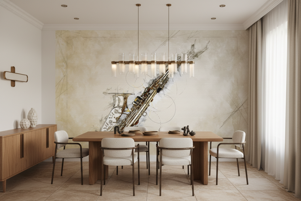 Papier Peint Saxophone Vintage Esquisse Musicale Beige - Salle à manger