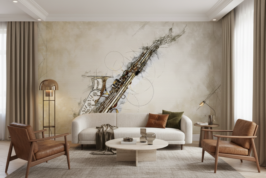 Papier Peint Saxophone Vintage Esquisse Musicale Beige - Salon / Séjour