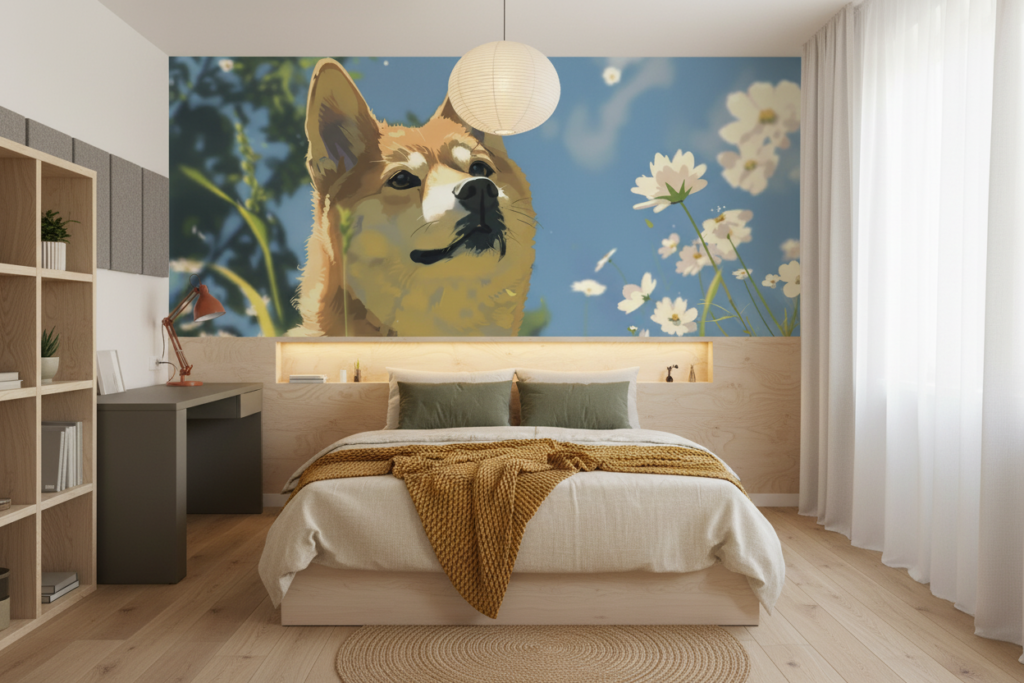 Papier Peint Shiba Inu dans un Champ de Marguerites Blanches - Chambre ado