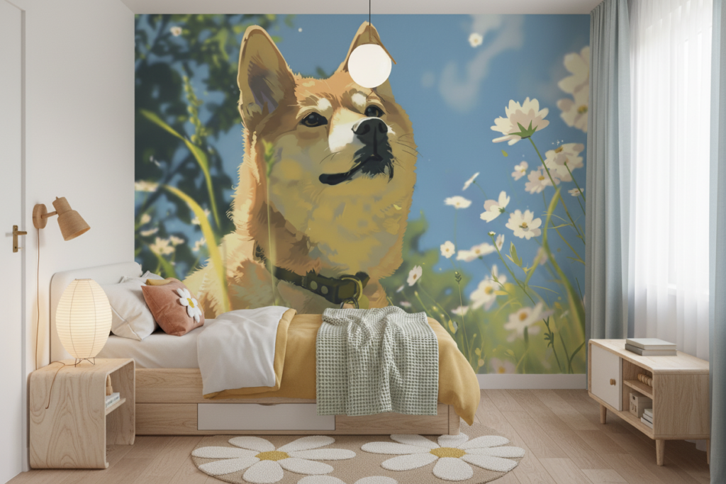 Papier Peint Shiba Inu dans un Champ de Marguerites Blanches - Chambre enfant
