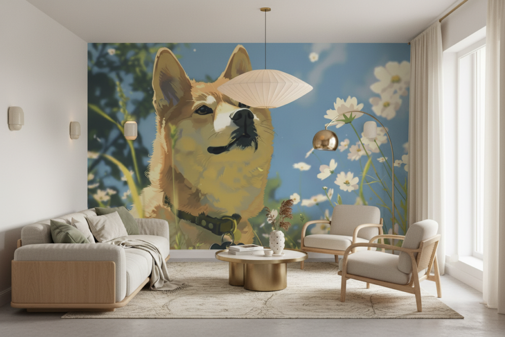 Papier Peint Shiba Inu dans un Champ de Marguerites Blanches - Salon / Séjour
